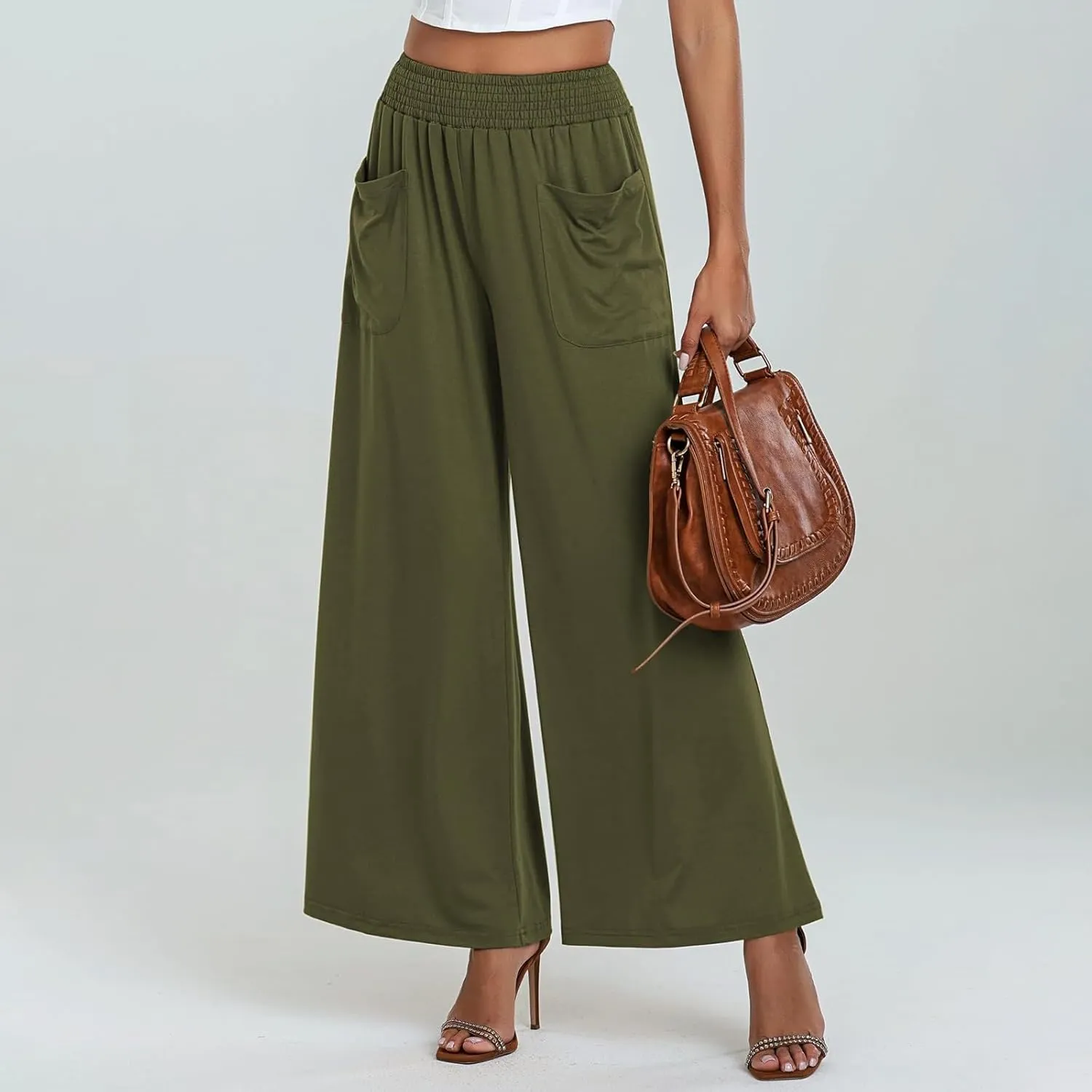 Women's Linen Pants Casual High Elastic Waist Wide Leg Palazzo Lounge Trousers Summer Beach Flowy Pants Culottes with Pockets