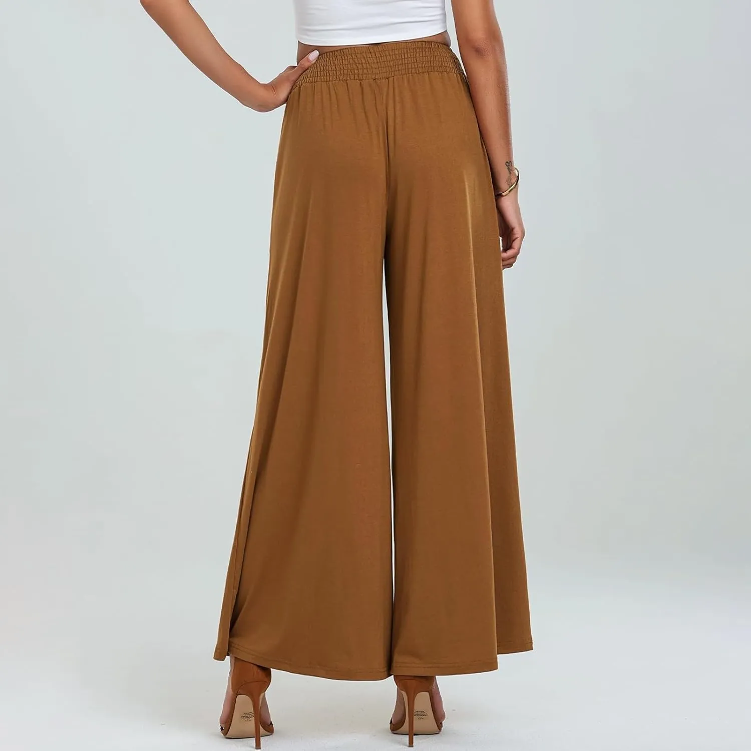 Women's Linen Pants Casual High Elastic Waist Wide Leg Palazzo Lounge Trousers Summer Beach Flowy Pants Culottes with Pockets