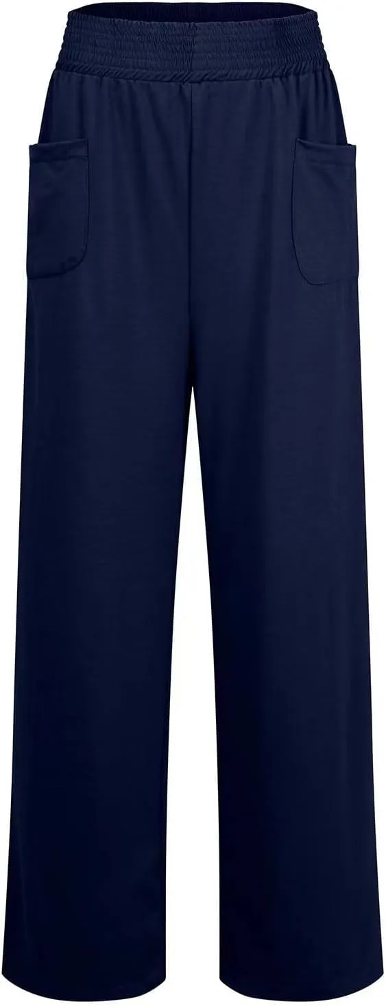 Women's Linen Pants Casual High Elastic Waist Wide Leg Palazzo Lounge Trousers Summer Beach Flowy Pants Culottes with Pockets