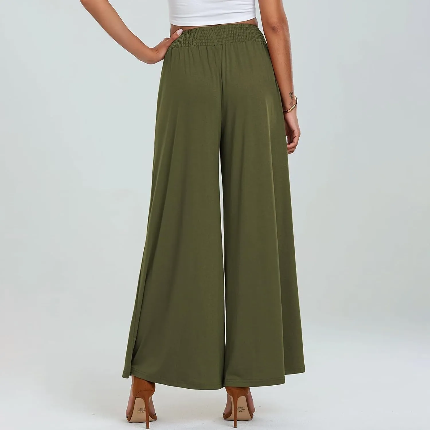 Women's Linen Pants Casual High Elastic Waist Wide Leg Palazzo Lounge Trousers Summer Beach Flowy Pants Culottes with Pockets
