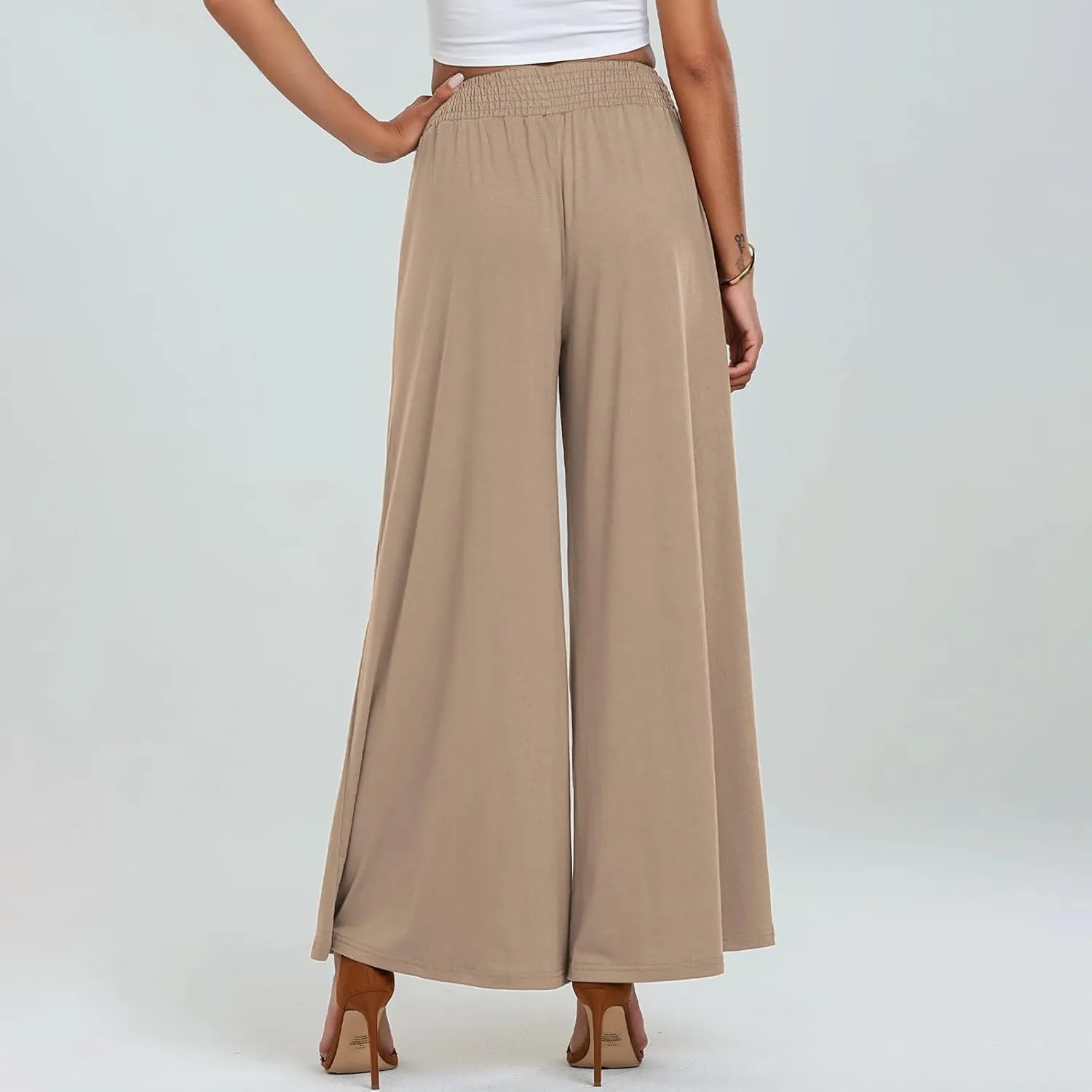 Women's Linen Pants Casual High Elastic Waist Wide Leg Palazzo Lounge Trousers Summer Beach Flowy Pants Culottes with Pockets