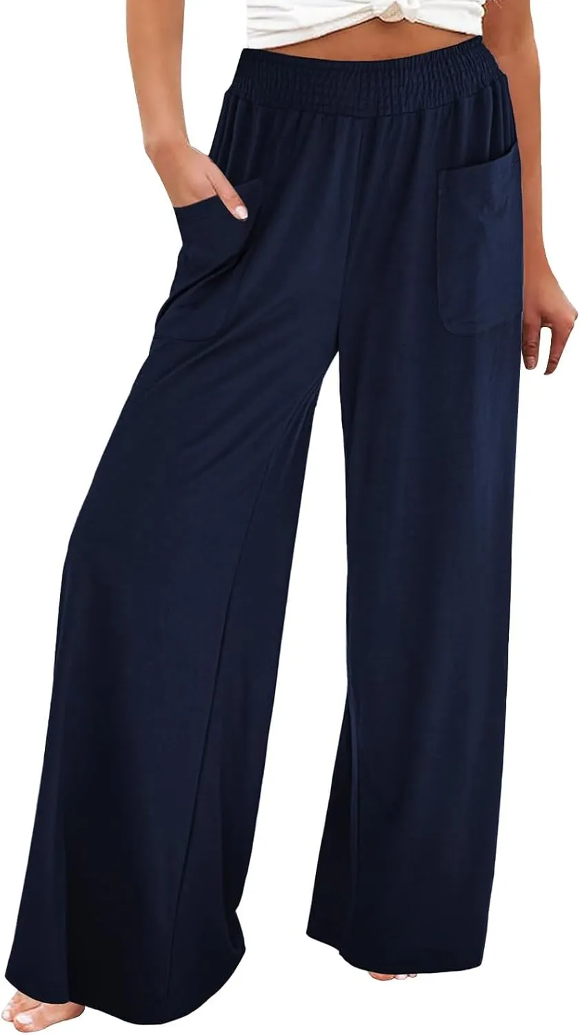 Women's Linen Pants Casual High Elastic Waist Wide Leg Palazzo Lounge Trousers Summer Beach Flowy Pants Culottes with Pockets