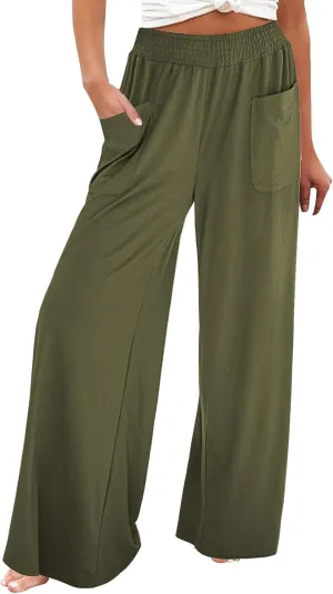 Women's Linen Pants Casual High Elastic Waist Wide Leg Palazzo Lounge Trousers Summer Beach Flowy Pants Culottes with Pockets