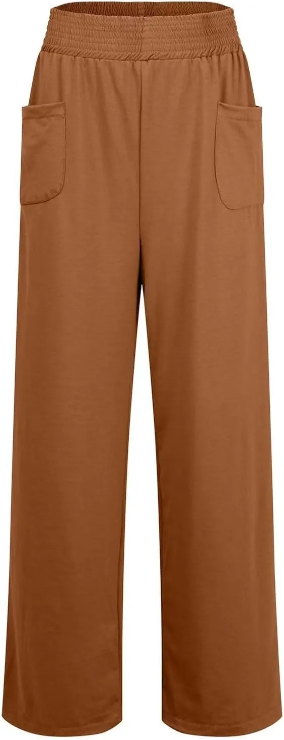 Women's Linen Pants Casual High Elastic Waist Wide Leg Palazzo Lounge Trousers Summer Beach Flowy Pants Culottes with Pockets