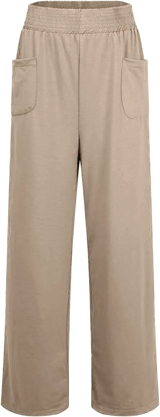 Women's Linen Pants Casual High Elastic Waist Wide Leg Palazzo Lounge Trousers Summer Beach Flowy Pants Culottes with Pockets