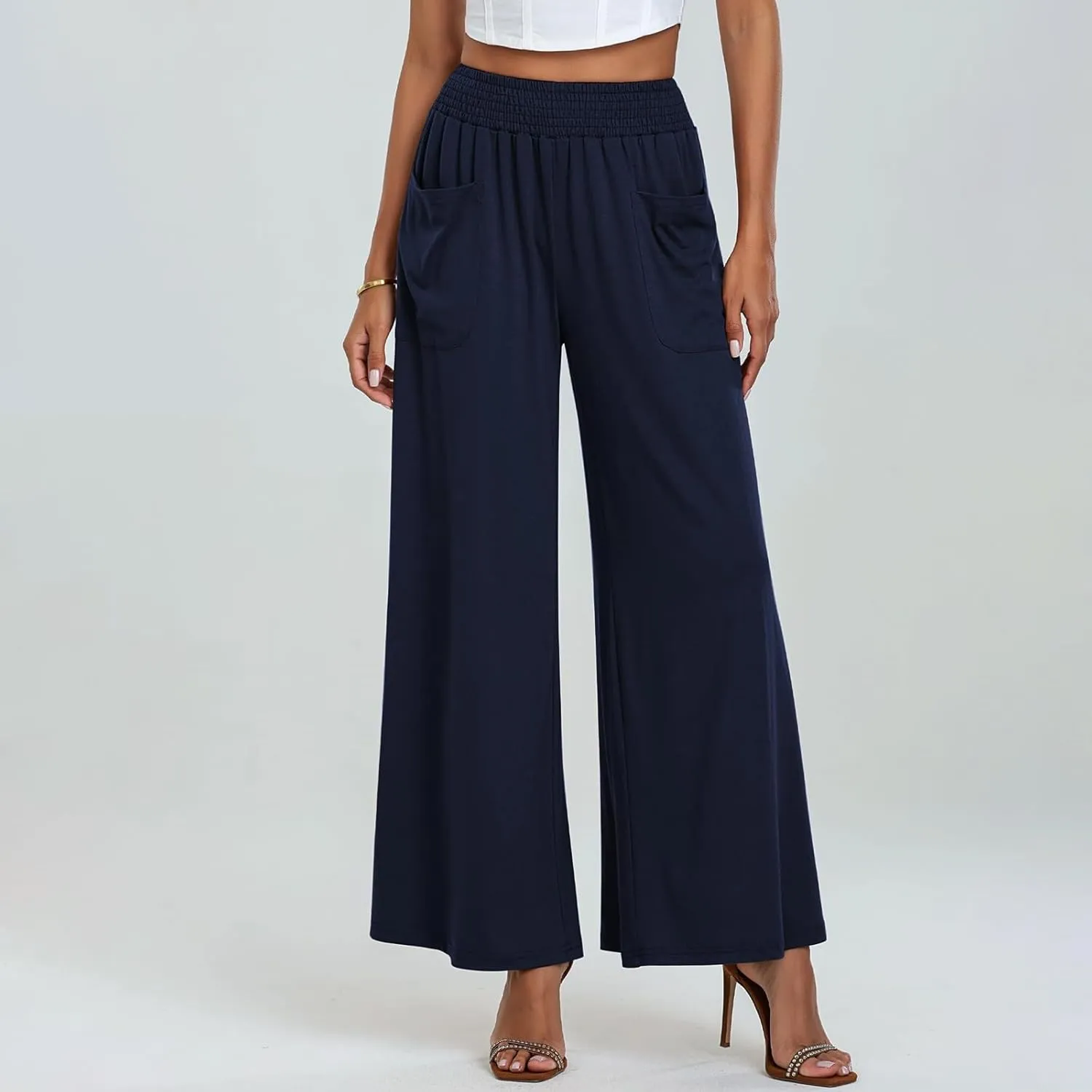 Women's Linen Pants Casual High Elastic Waist Wide Leg Palazzo Lounge Trousers Summer Beach Flowy Pants Culottes with Pockets