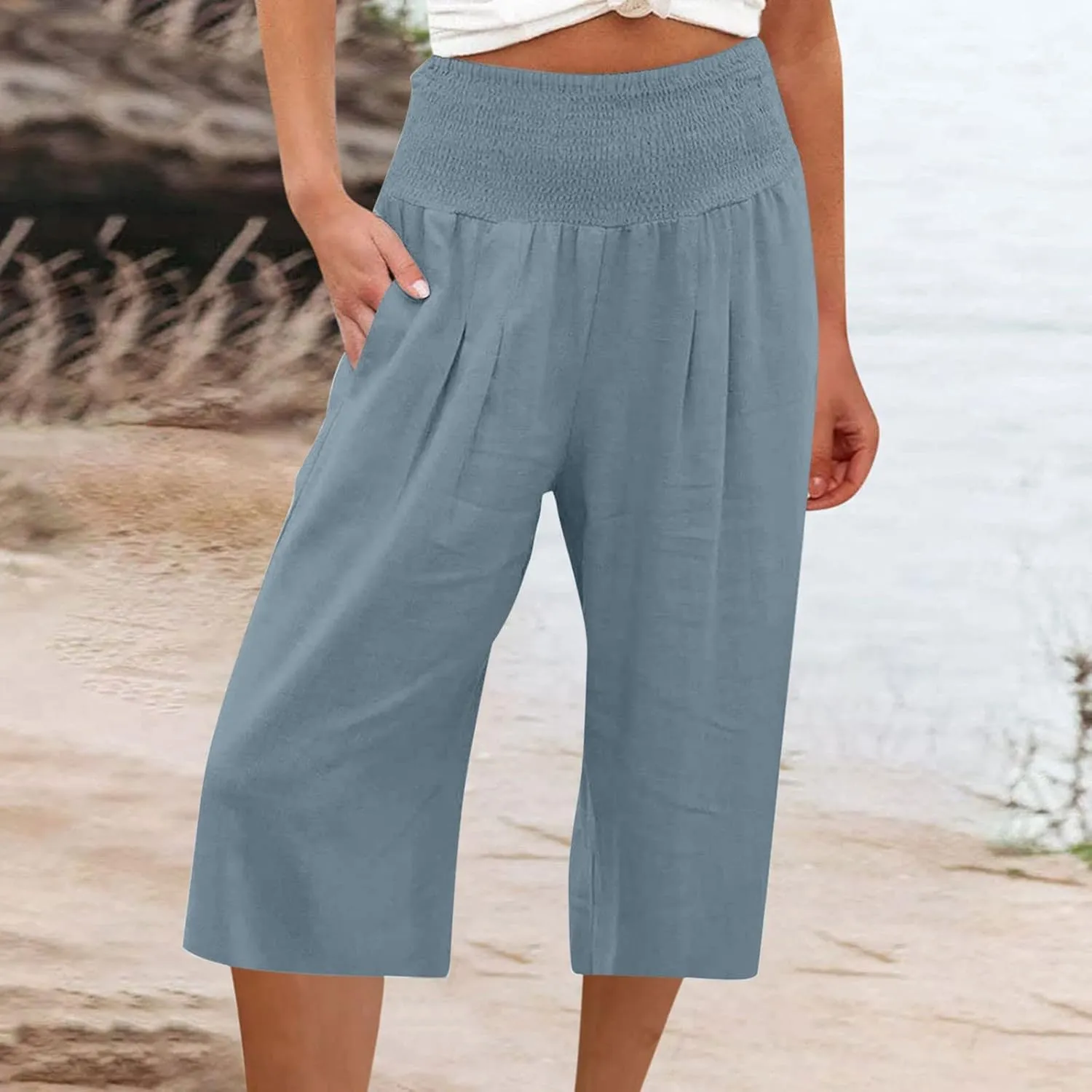 Womens Linen Pants High Waisted Pants Loose Comfy Wide Leg Holiday Summer Lounge Vacation Pockets Palazzo Trousers
