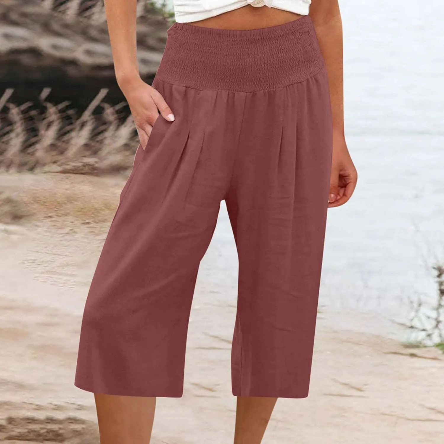 Womens Linen Pants High Waisted Pants Loose Comfy Wide Leg Holiday Summer Lounge Vacation Pockets Palazzo Trousers