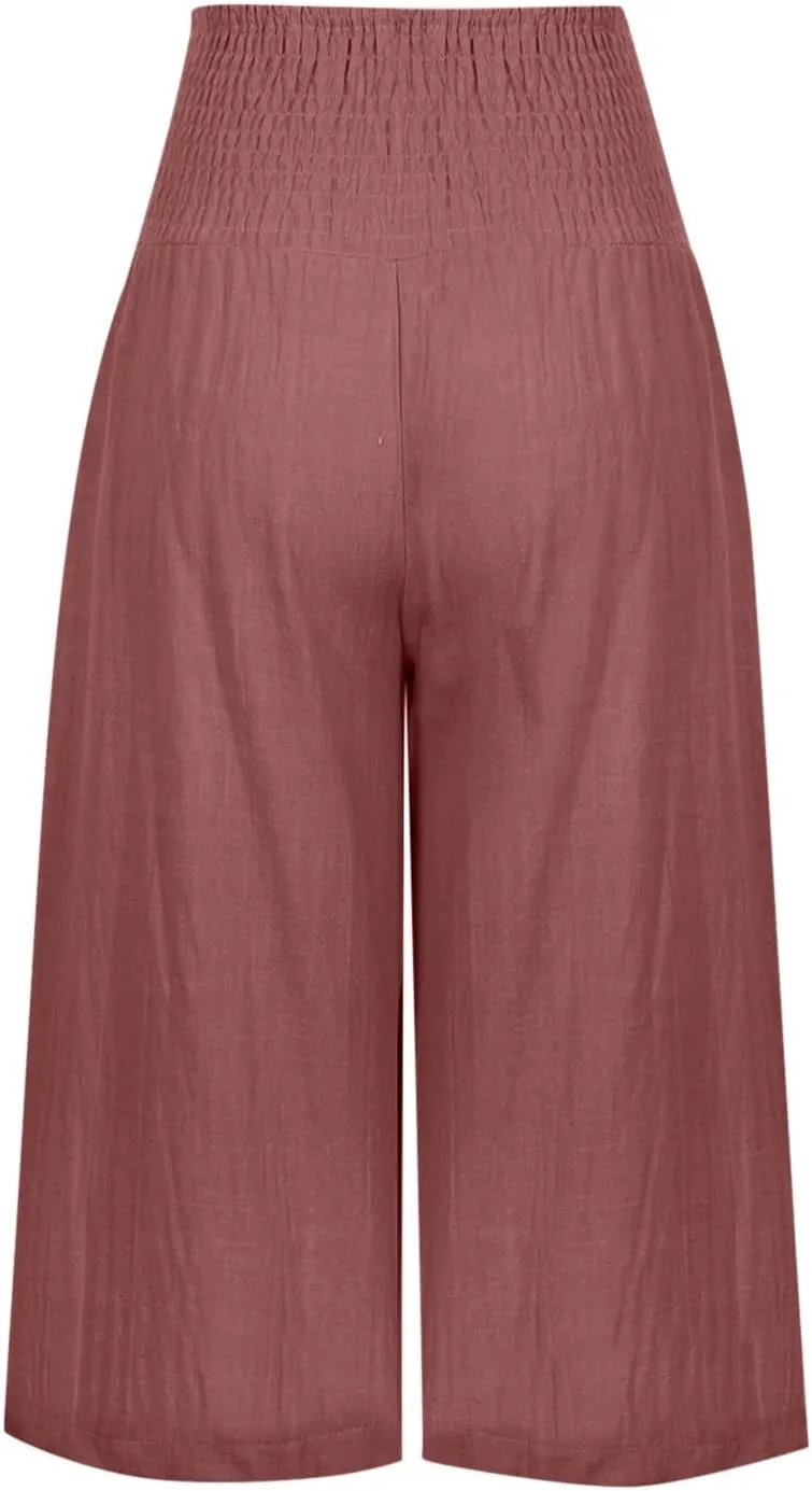 Womens Linen Pants High Waisted Pants Loose Comfy Wide Leg Holiday Summer Lounge Vacation Pockets Palazzo Trousers
