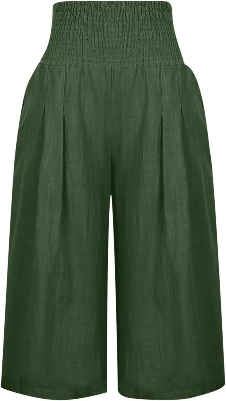 Womens Linen Pants High Waisted Pants Loose Comfy Wide Leg Holiday Summer Lounge Vacation Pockets Palazzo Trousers