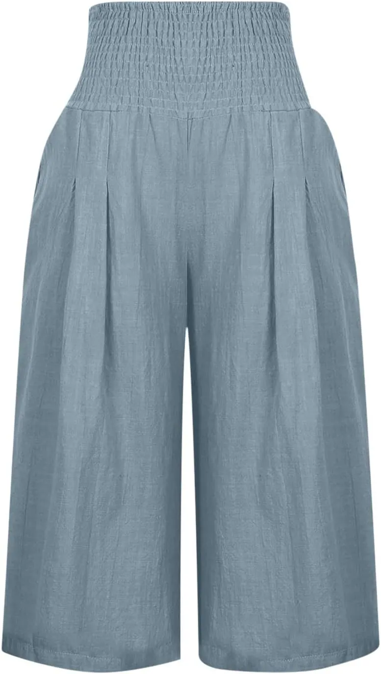 Womens Linen Pants High Waisted Pants Loose Comfy Wide Leg Holiday Summer Lounge Vacation Pockets Palazzo Trousers