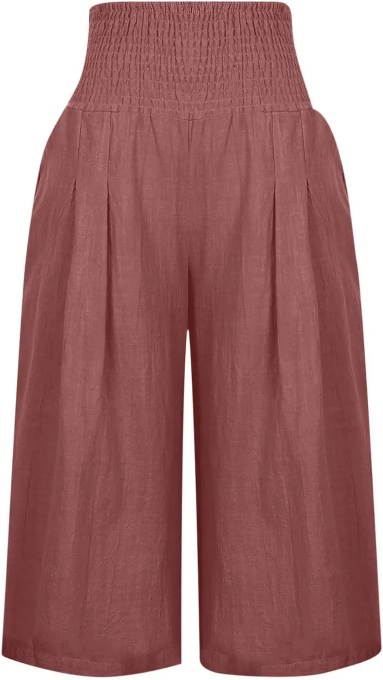 Womens Linen Pants High Waisted Pants Loose Comfy Wide Leg Holiday Summer Lounge Vacation Pockets Palazzo Trousers