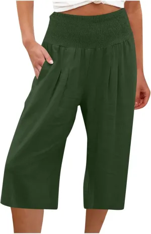 Womens Linen Pants High Waisted Pants Loose Comfy Wide Leg Holiday Summer Lounge Vacation Pockets Palazzo Trousers