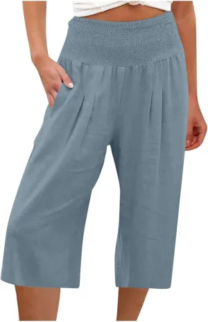 Womens Linen Pants High Waisted Pants Loose Comfy Wide Leg Holiday Summer Lounge Vacation Pockets Palazzo Trousers