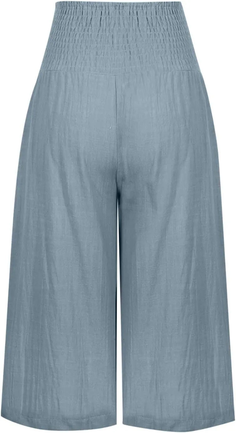 Womens Linen Pants High Waisted Pants Loose Comfy Wide Leg Holiday Summer Lounge Vacation Pockets Palazzo Trousers