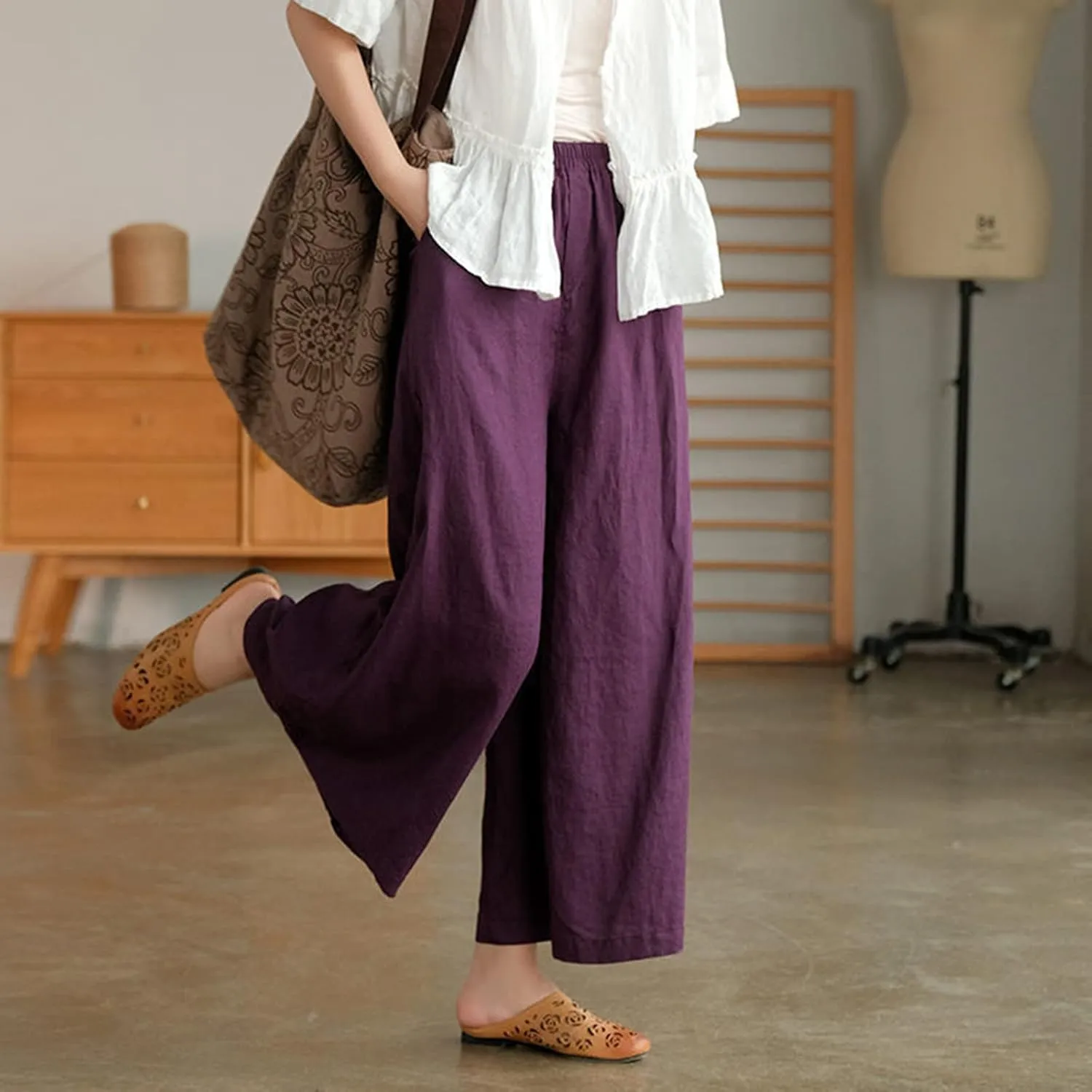 Women's Palazzo Pants Baggy Cotton Linen Culottes Casual Flowy Elastic High Waisted Wide Leg Boho Pants with Pockets