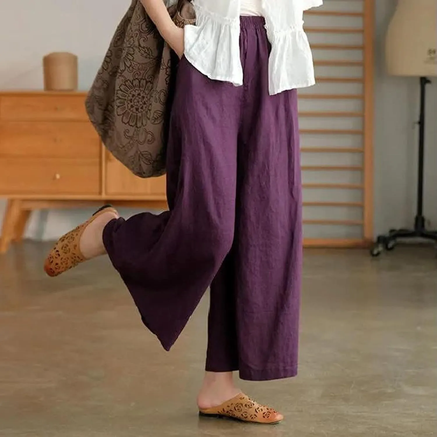 Women's Palazzo Pants Baggy Cotton Linen Culottes Casual Flowy Elastic High Waisted Wide Leg Boho Pants with Pockets