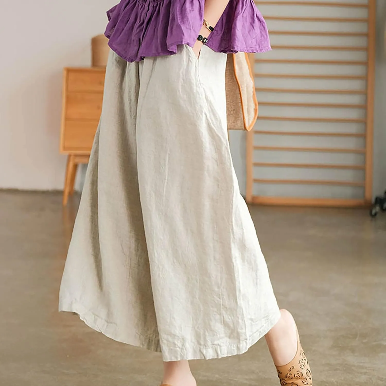Women's Palazzo Pants Baggy Cotton Linen Culottes Casual Flowy Elastic High Waisted Wide Leg Boho Pants with Pockets