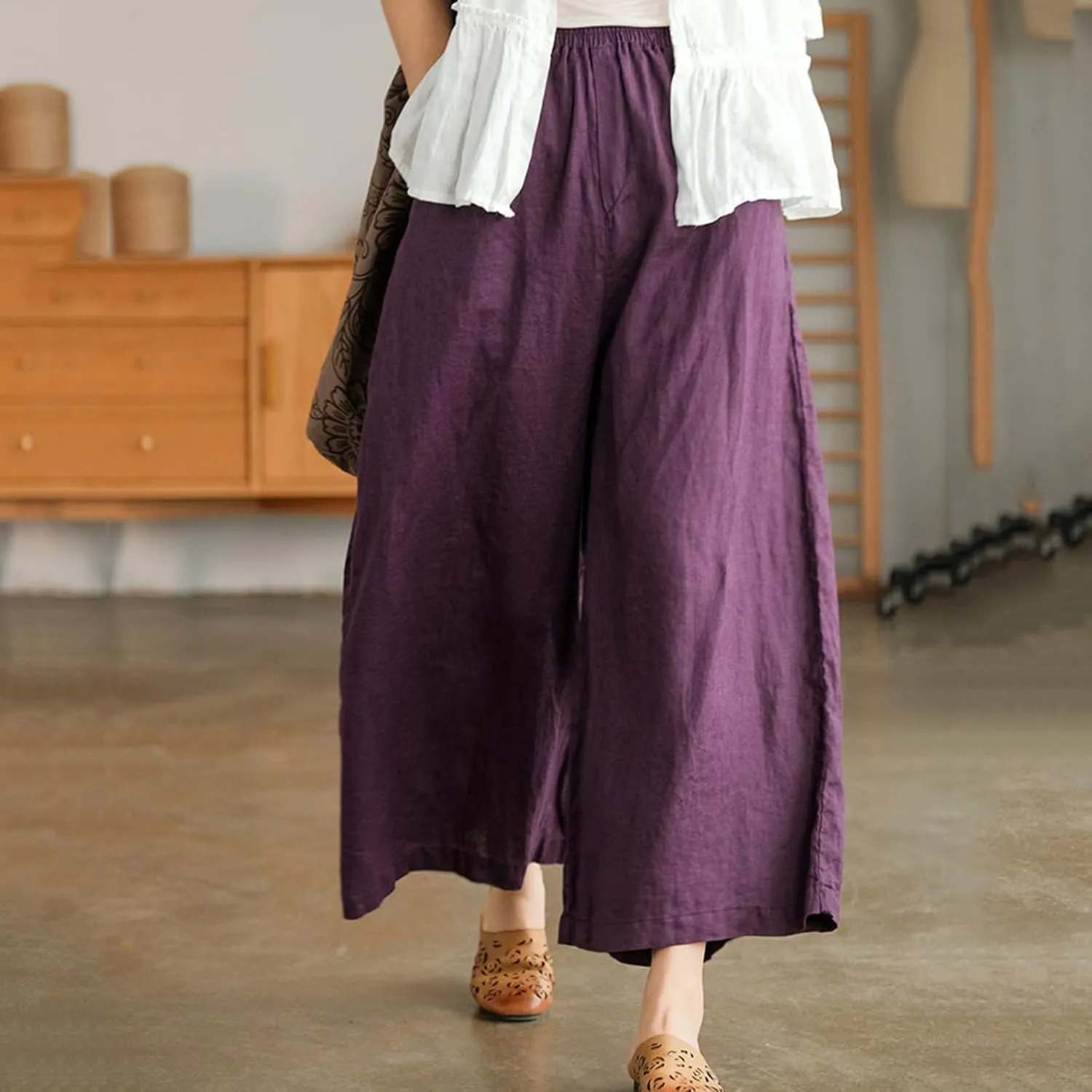 Women's Palazzo Pants Baggy Cotton Linen Culottes Casual Flowy Elastic High Waisted Wide Leg Boho Pants with Pockets