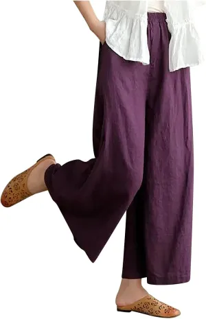 Women's Palazzo Pants Baggy Cotton Linen Culottes Casual Flowy Elastic High Waisted Wide Leg Boho Pants with Pockets