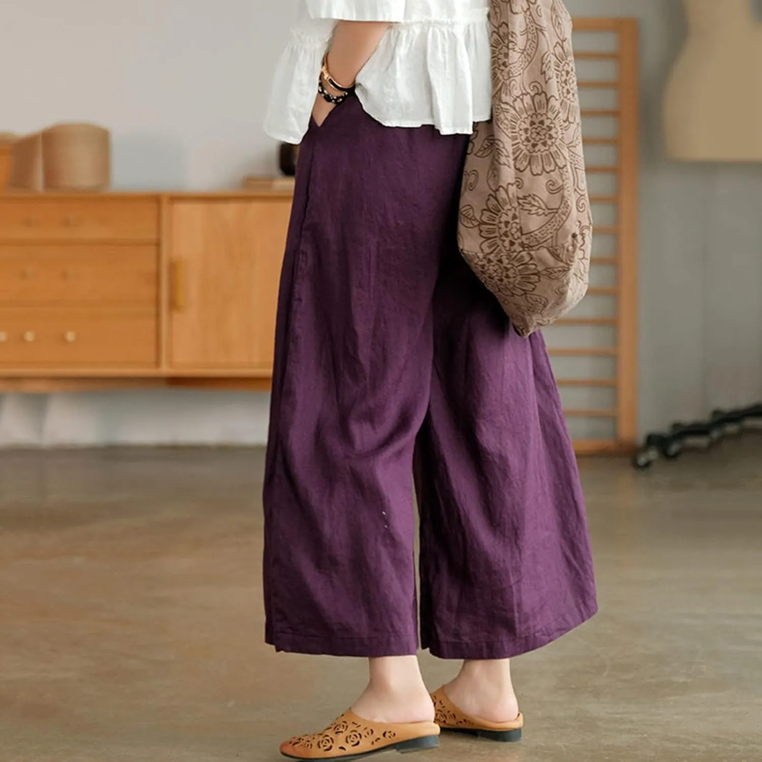 Women's Palazzo Pants Baggy Cotton Linen Culottes Casual Flowy Elastic High Waisted Wide Leg Boho Pants with Pockets