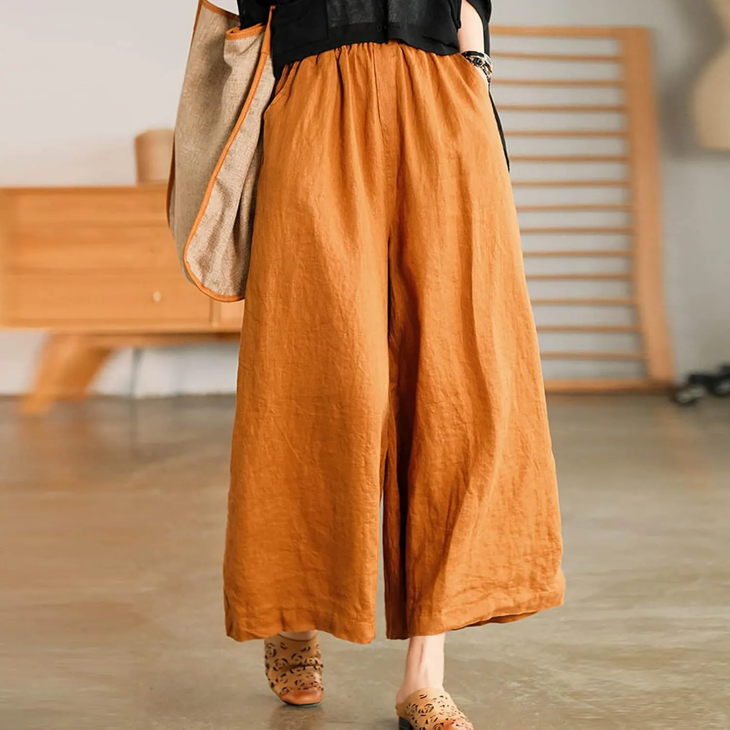 Women's Palazzo Pants Baggy Cotton Linen Culottes Casual Flowy Elastic High Waisted Wide Leg Boho Pants with Pockets