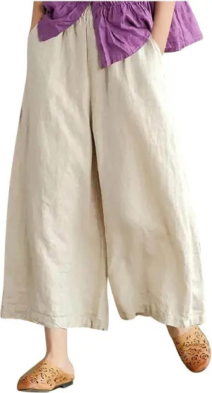 Women's Palazzo Pants Baggy Cotton Linen Culottes Casual Flowy Elastic High Waisted Wide Leg Boho Pants with Pockets