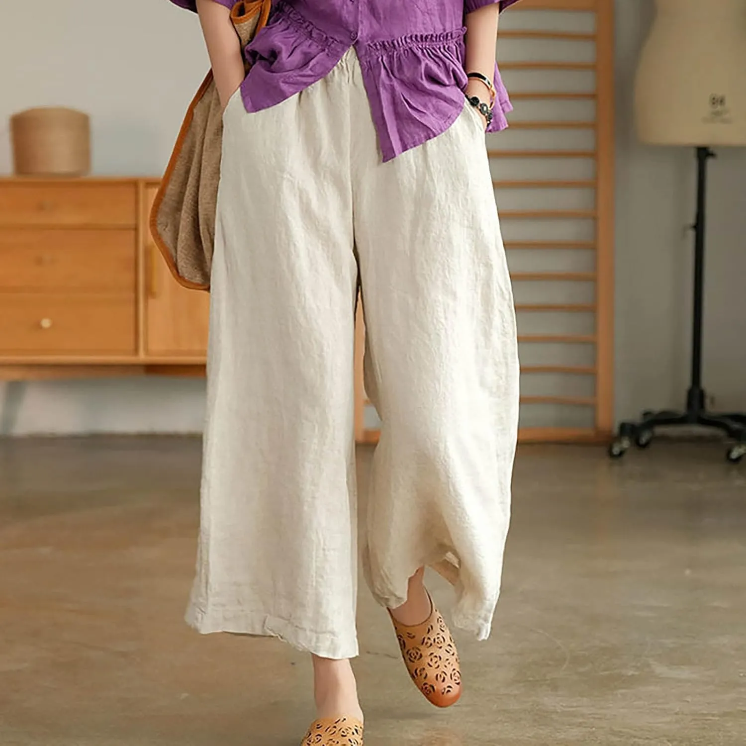 Women's Palazzo Pants Baggy Cotton Linen Culottes Casual Flowy Elastic High Waisted Wide Leg Boho Pants with Pockets