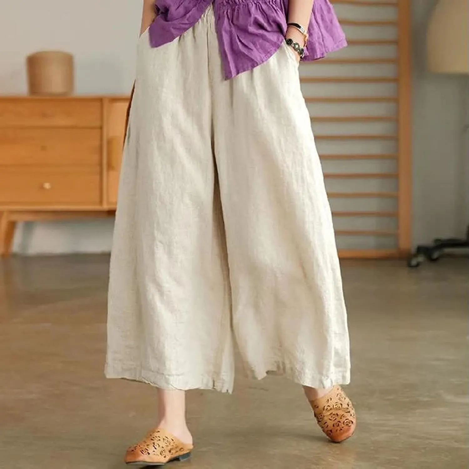 Women's Palazzo Pants Baggy Cotton Linen Culottes Casual Flowy Elastic High Waisted Wide Leg Boho Pants with Pockets