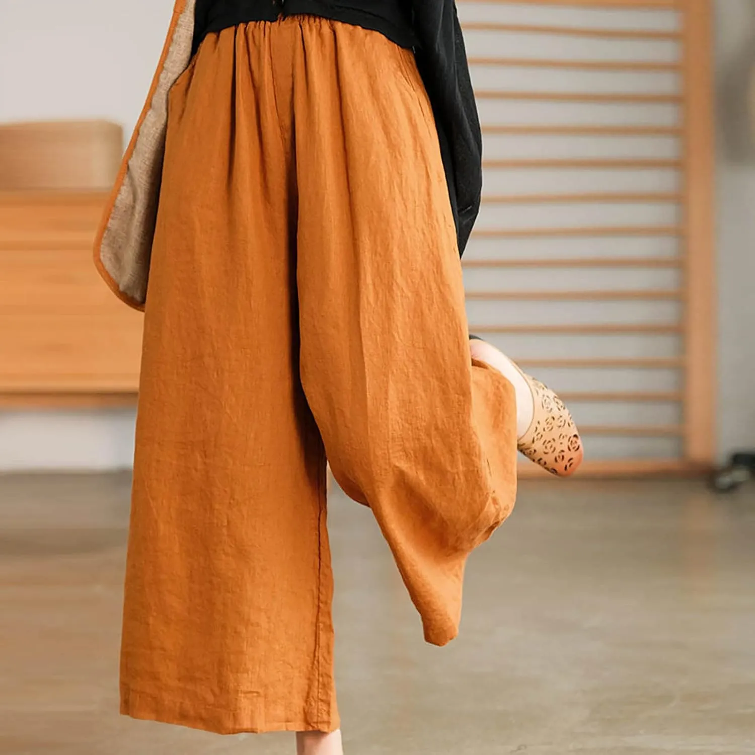 Women's Palazzo Pants Baggy Cotton Linen Culottes Casual Flowy Elastic High Waisted Wide Leg Boho Pants with Pockets