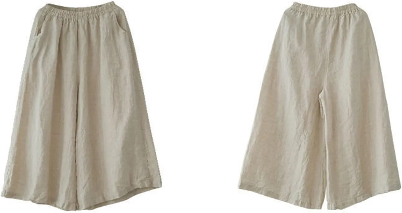 Women's Palazzo Pants Baggy Cotton Linen Culottes Casual Flowy Elastic High Waisted Wide Leg Boho Pants with Pockets