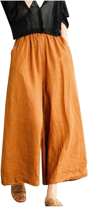 Women's Palazzo Pants Baggy Cotton Linen Culottes Casual Flowy Elastic High Waisted Wide Leg Boho Pants with Pockets