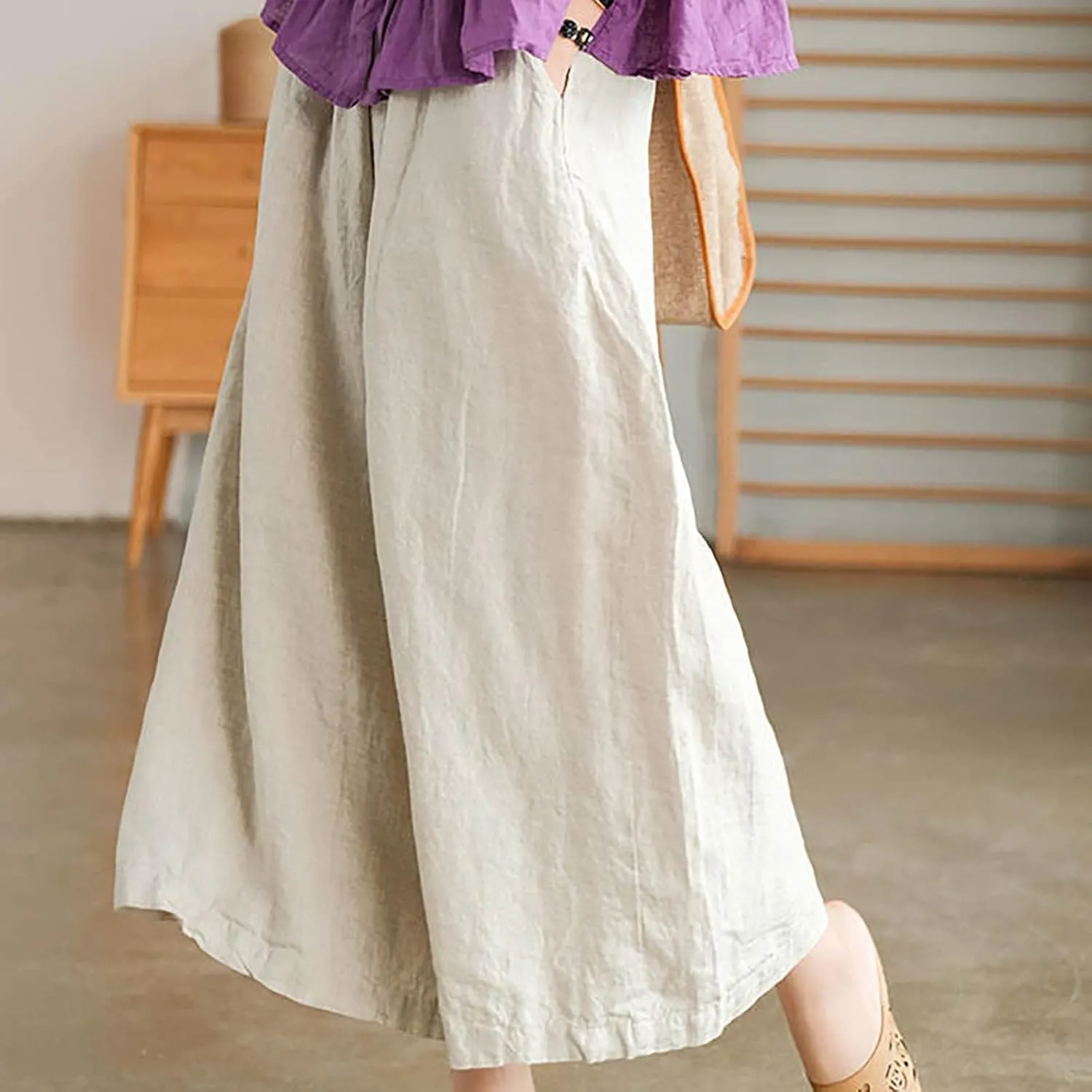 Women's Palazzo Pants Baggy Cotton Linen Culottes Casual Flowy Elastic High Waisted Wide Leg Boho Pants with Pockets