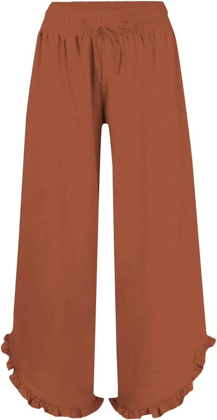 Women's Pants Linen Pants Summer High Waisted Palazzo Pants Wide Leg Drawstring Elastic Waist Loose Comfy Trousers