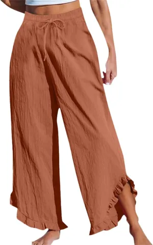 Women's Pants Linen Pants Summer High Waisted Palazzo Pants Wide Leg Drawstring Elastic Waist Loose Comfy Trousers