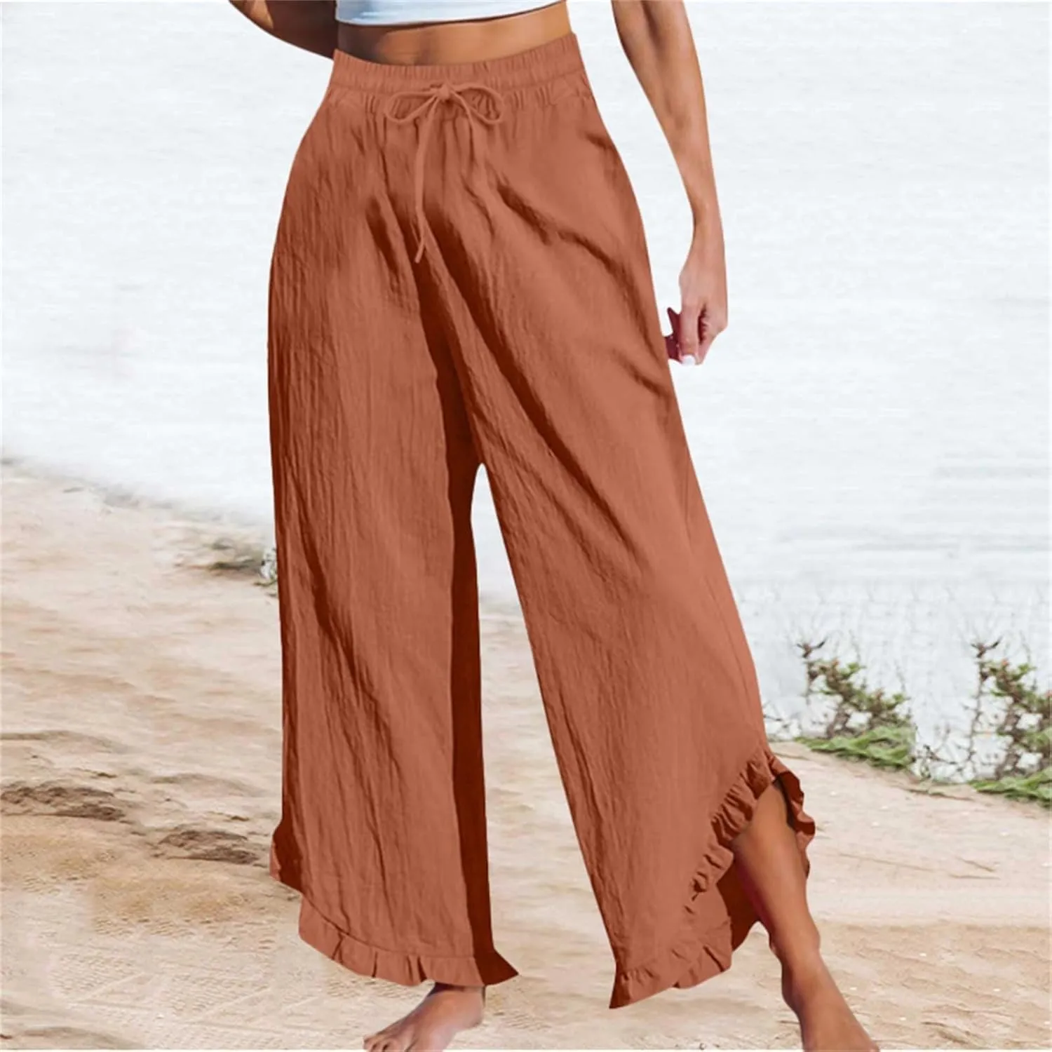 Women's Pants Linen Pants Summer High Waisted Palazzo Pants Wide Leg Drawstring Elastic Waist Loose Comfy Trousers