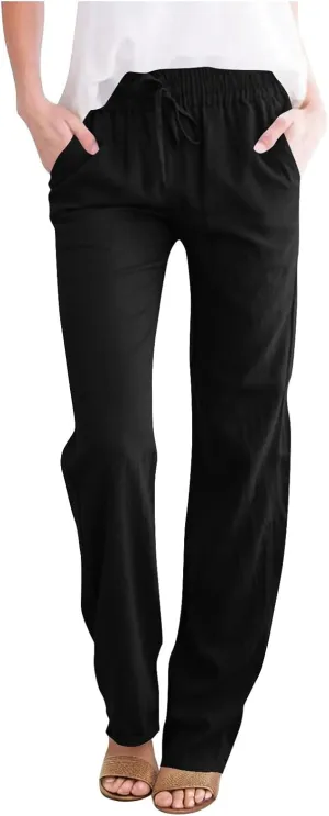 Womens Pants Stretch High Waist Drastring Trousers Business Casual Straight Solid Color Loose Comfy Pant with Pocket