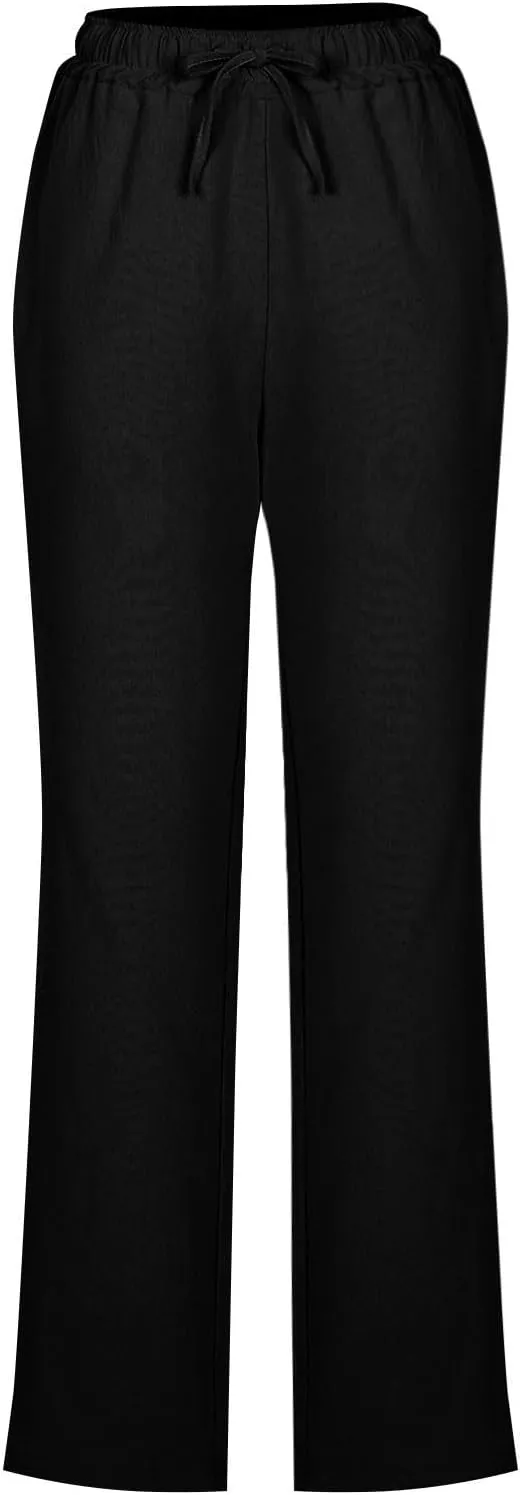 Womens Pants Stretch High Waist Drastring Trousers Business Casual Straight Solid Color Loose Comfy Pant with Pocket
