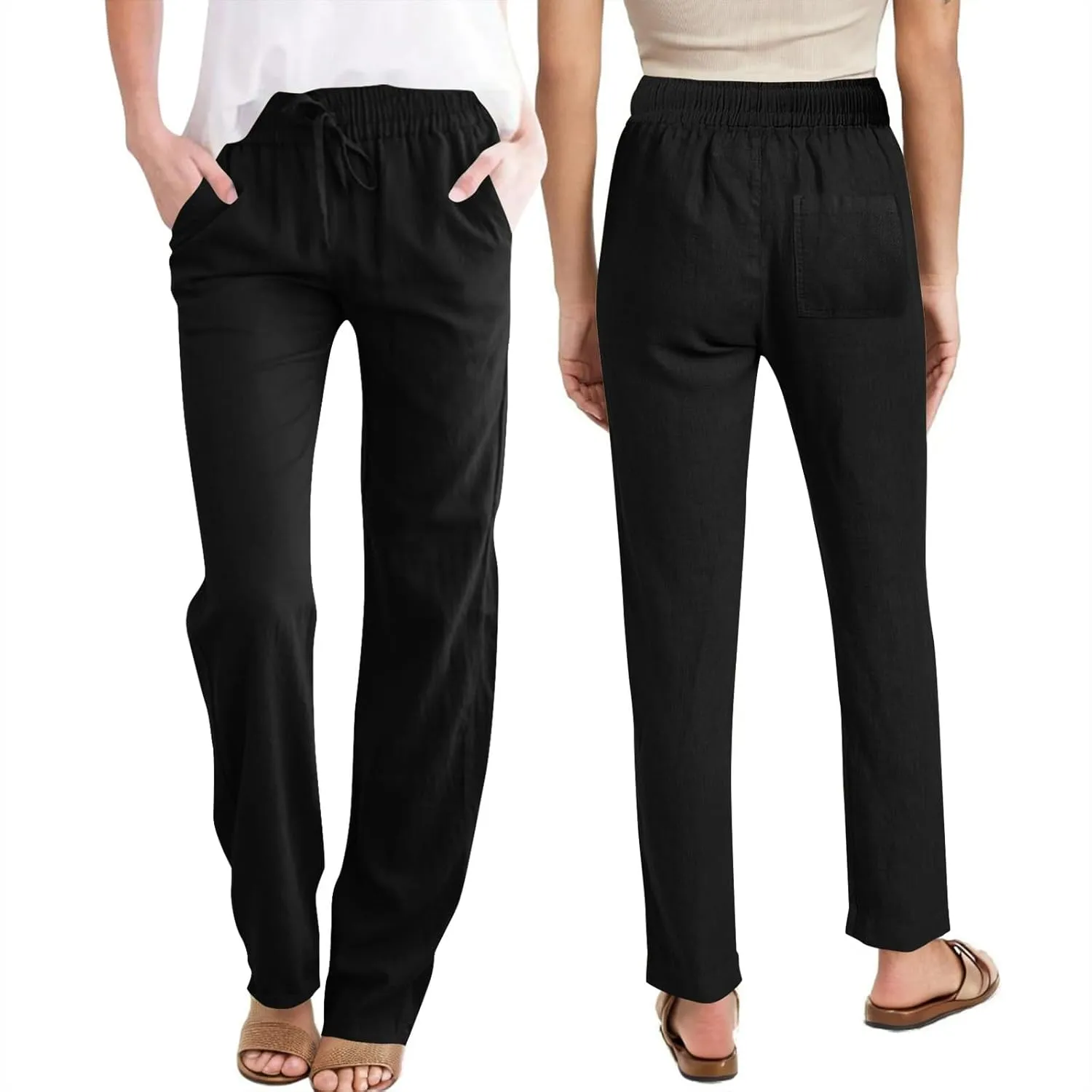 Womens Pants Stretch High Waist Drastring Trousers Business Casual Straight Solid Color Loose Comfy Pant with Pocket