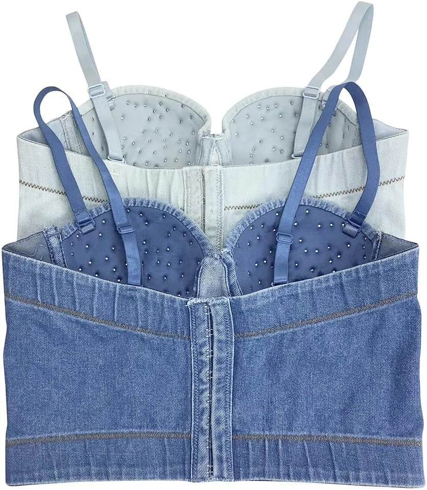 Women's Pearls Beaded Denim Bustier Crop Cami Top Adjustable Spaghetti Straps Y2K Club Party Sexy Corset Top Bra