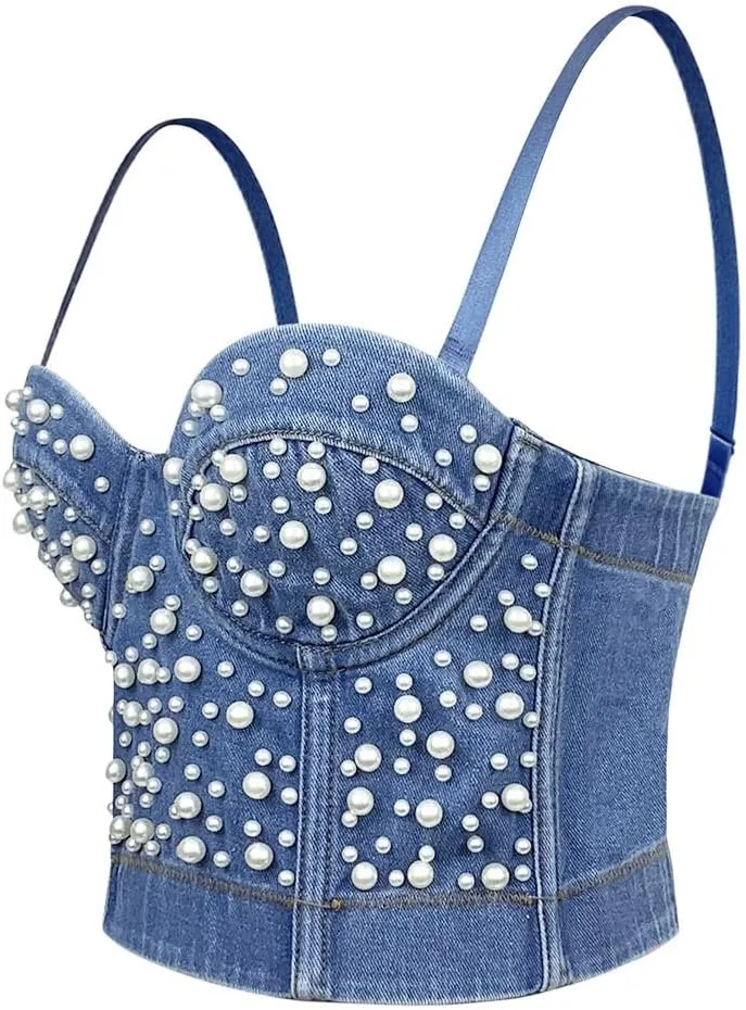 Women's Pearls Beaded Denim Bustier Crop Cami Top Adjustable Spaghetti Straps Y2K Club Party Sexy Corset Top Bra