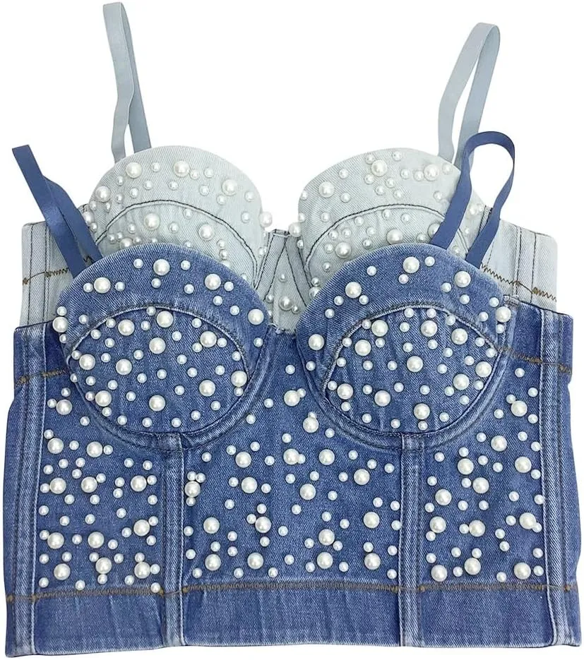 Women's Pearls Beaded Denim Bustier Crop Cami Top Adjustable Spaghetti Straps Y2K Club Party Sexy Corset Top Bra