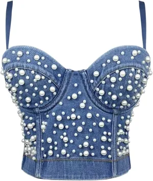 Women's Pearls Beaded Denim Bustier Crop Cami Top Adjustable Spaghetti Straps Y2K Club Party Sexy Corset Top Bra