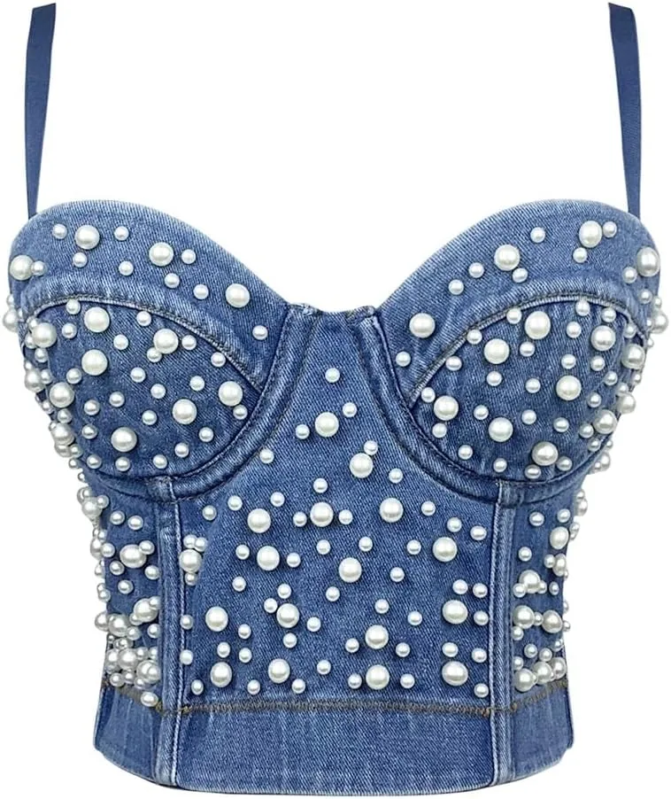 Women's Pearls Beaded Denim Bustier Crop Cami Top Adjustable Spaghetti Straps Y2K Club Party Sexy Corset Top Bra