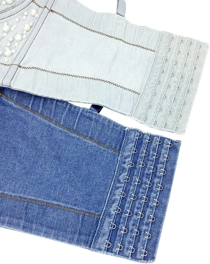 Women's Pearls Beaded Denim Bustier Crop Cami Top Adjustable Spaghetti Straps Y2K Club Party Sexy Corset Top Bra