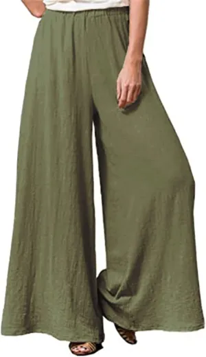 Womens Plus Size Linen Pants Wide Leg Palazzo Trousers High Elastic Waist Flowy Culottes with Pockets L 5XL