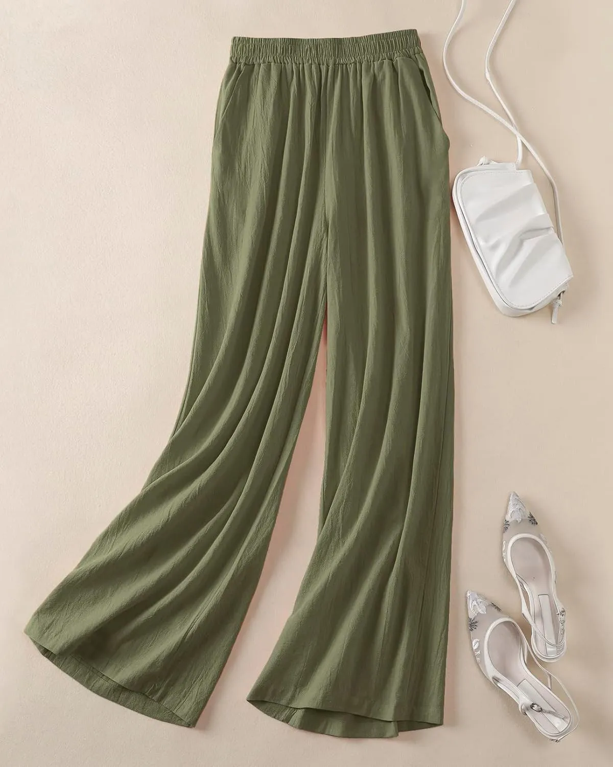 Womens Plus Size Linen Pants Wide Leg Palazzo Trousers High Elastic Waist Flowy Culottes with Pockets L 5XL