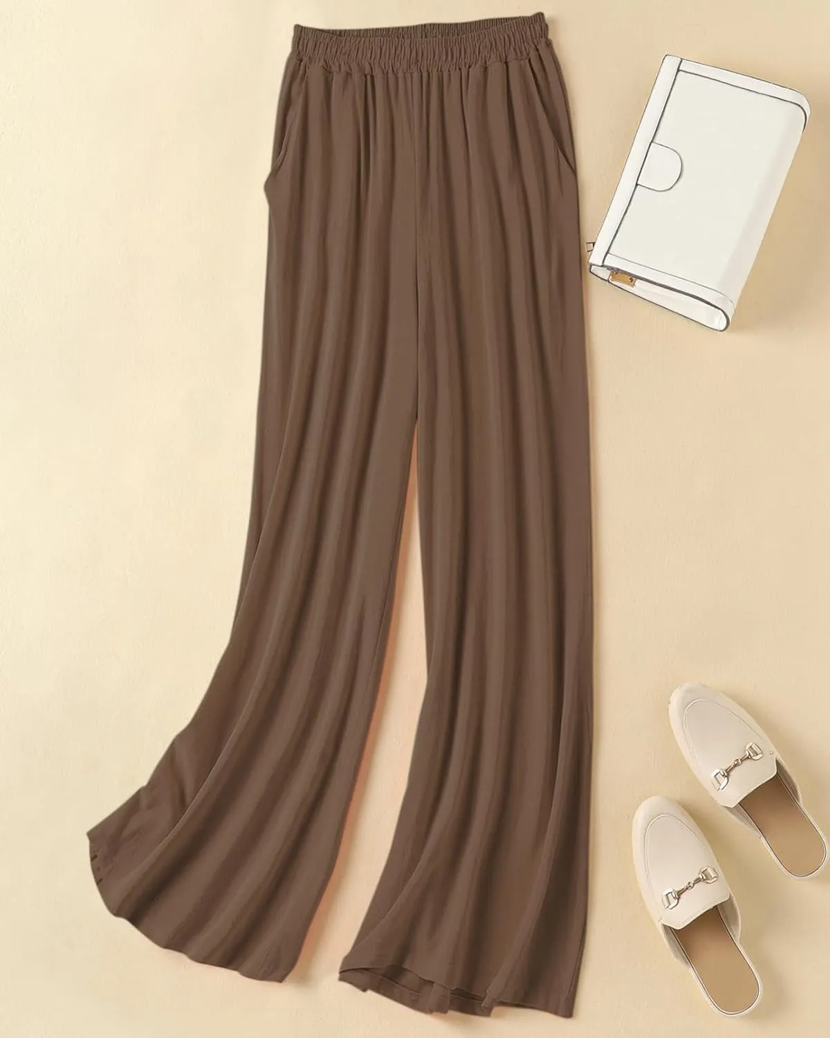 Womens Plus Size Linen Pants Wide Leg Palazzo Trousers High Elastic Waist Flowy Culottes with Pockets L 5XL