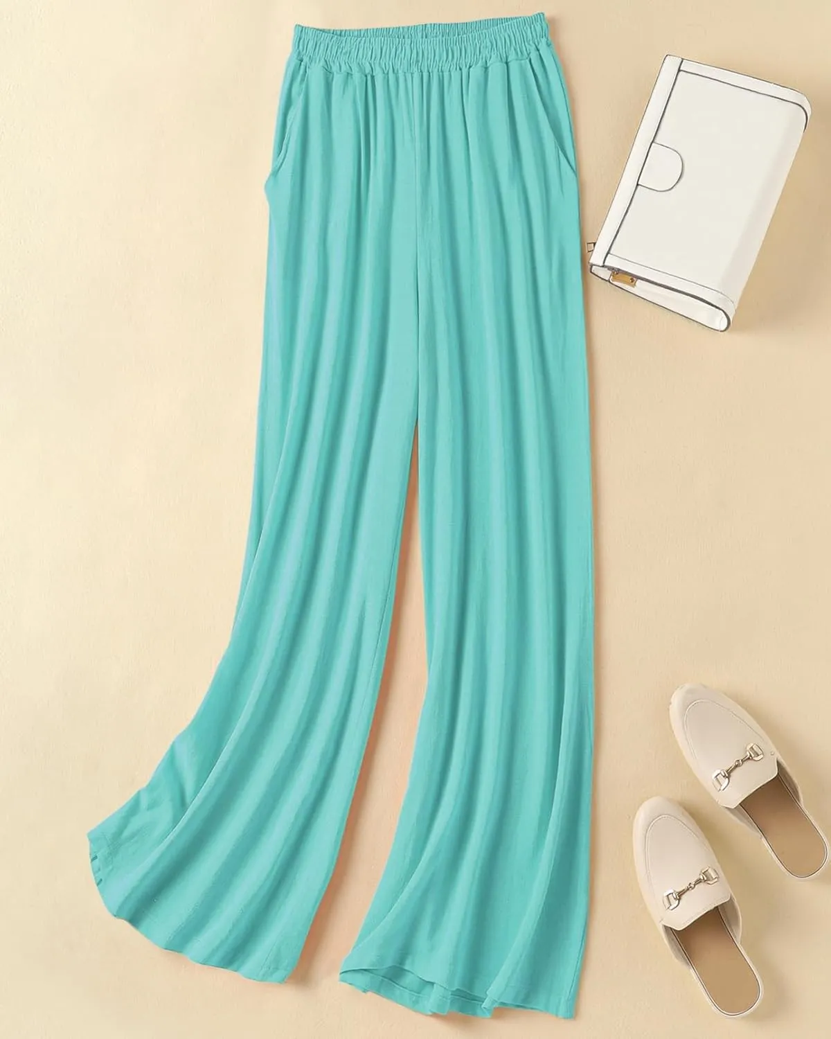 Womens Plus Size Linen Pants Wide Leg Palazzo Trousers High Elastic Waist Flowy Culottes with Pockets L 5XL