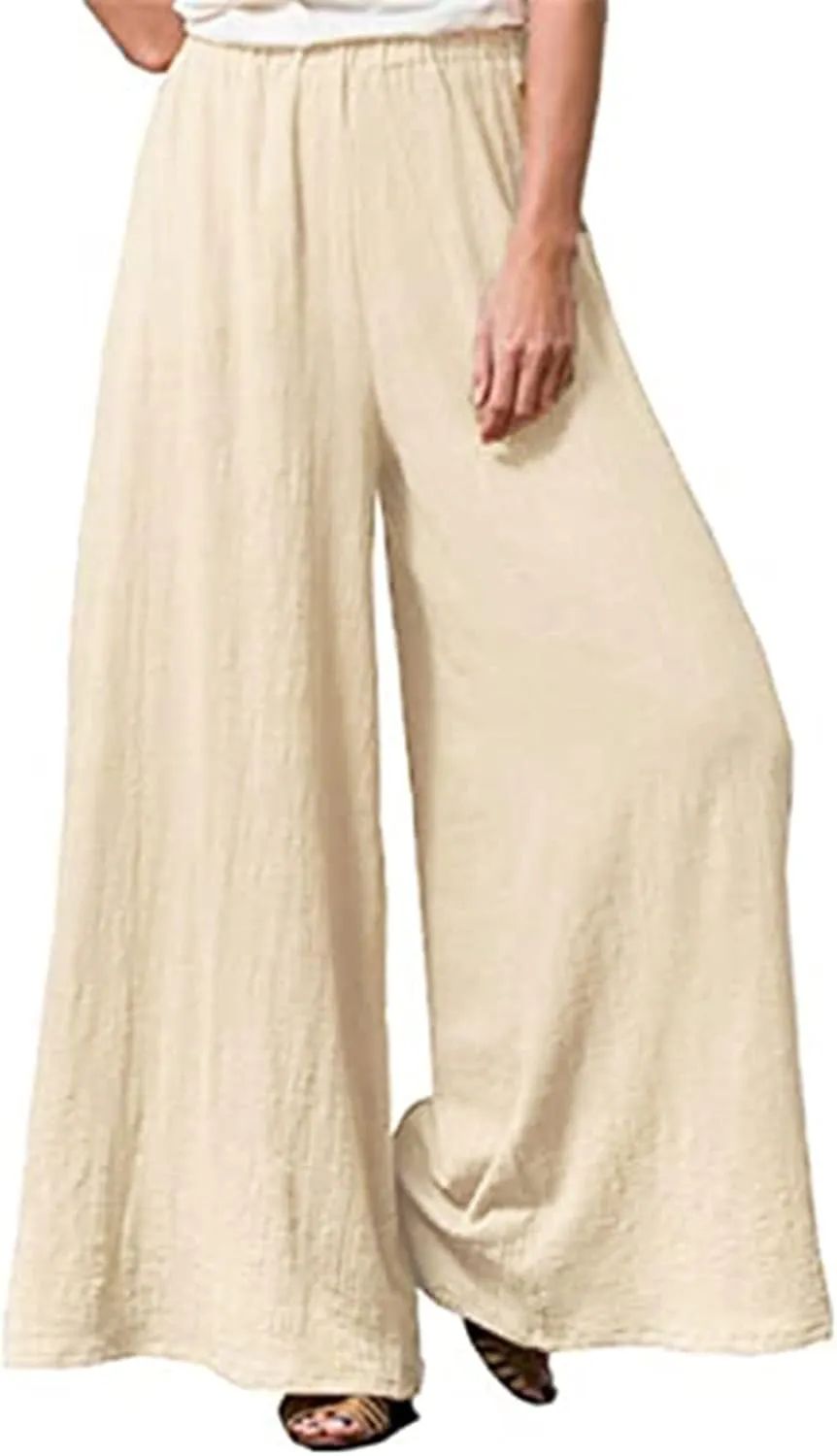 Womens Plus Size Linen Pants Wide Leg Palazzo Trousers High Elastic Waist Flowy Culottes with Pockets L 5XL